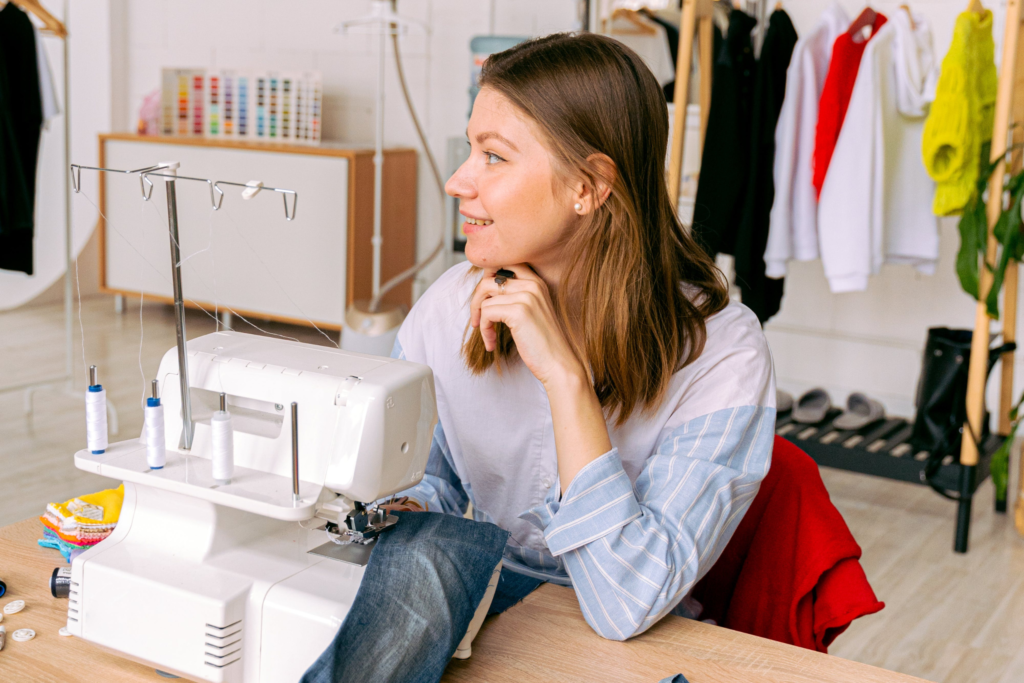 lady sewing and thinking